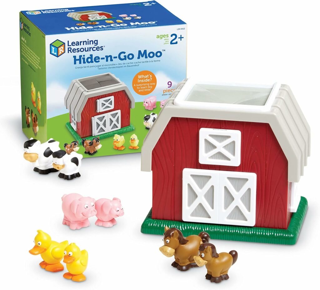 Learning Resources Hide-N-Go Moo sensory barn with eight farm animal figures for toddler matching and feel-and-find play