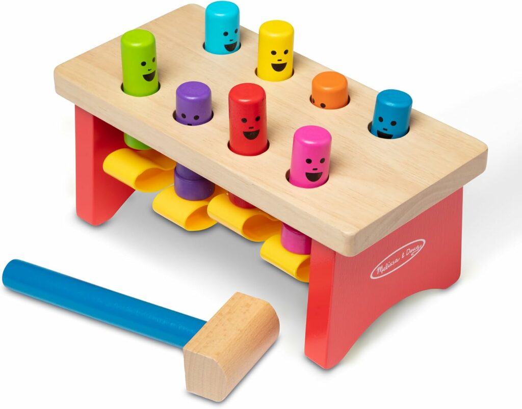 Melissa & Doug Deluxe Pounding Bench wooden toddler toy with colourful pegs and wooden hammer for ages 2 and up