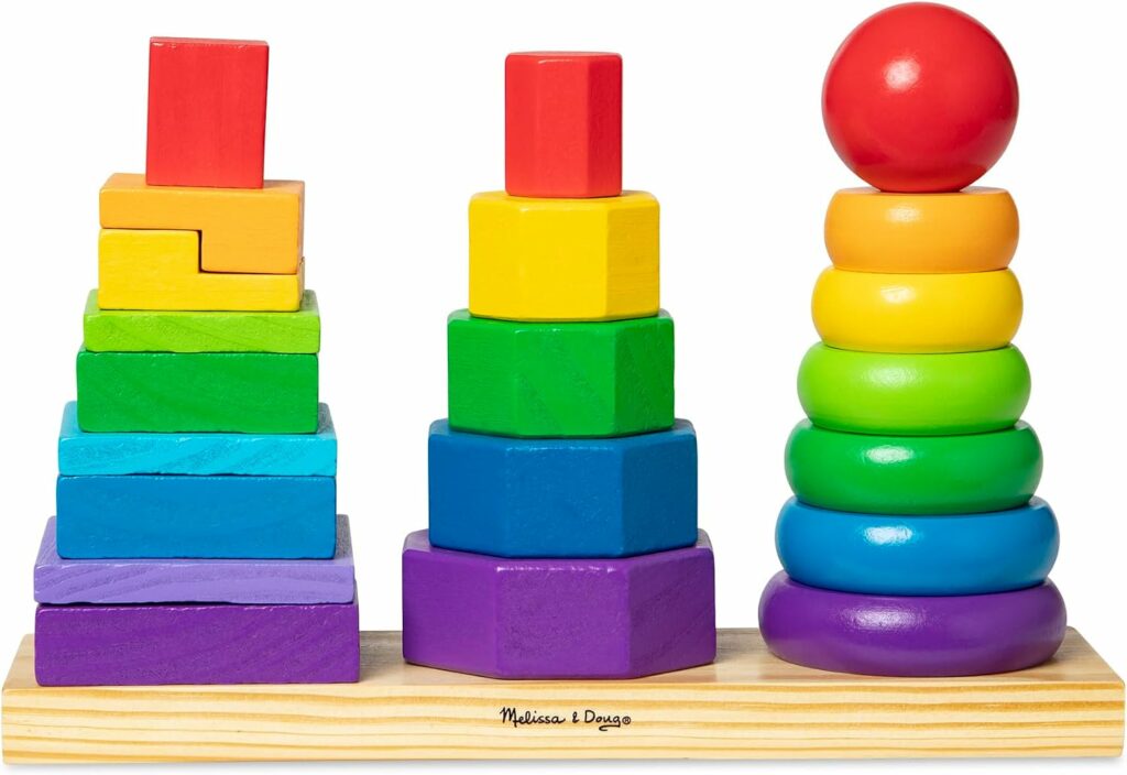 Melissa & Doug Geometric Stacker with 21 colourful wooden rings, octagons, and rectangles on three rods for toddlers and preschoolers