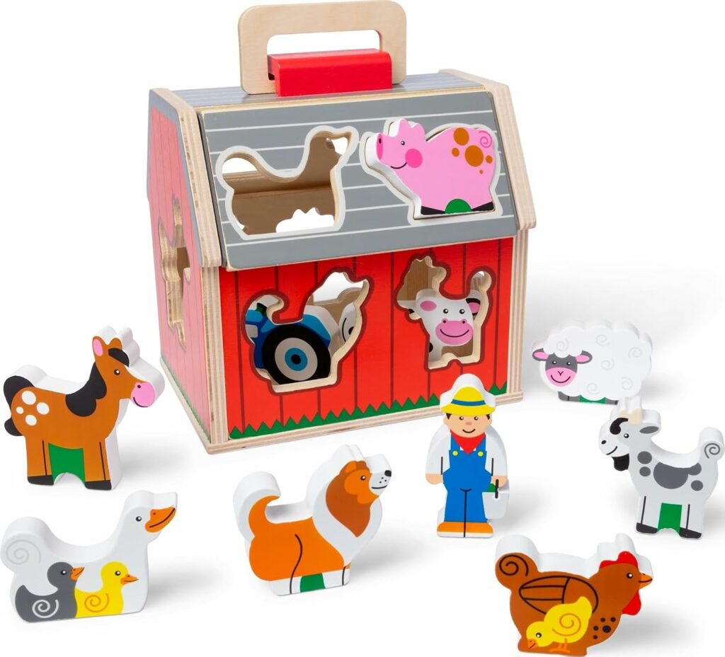 Melissa & Doug Take-Along Sorting Barn with wooden farm animals, tractor and farmer for toddlers ages 2 and up