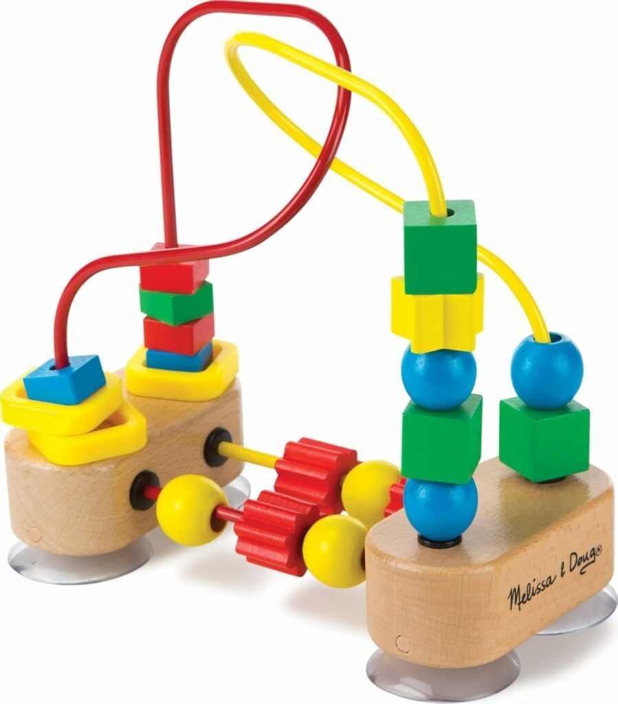 Melissa & Doug wooden bead maze with colourful beads and looping wires for baby fine motor development