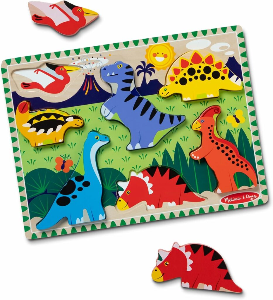 Melissa & Doug wooden dinosaur chunky puzzle with seven easy-grasp dinosaur pieces for toddlers