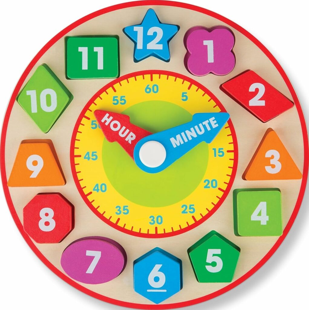 Melissa & Doug wooden shape sorting clock with 12 removable numbered pieces and rotating hour and minute hands for preschoolers