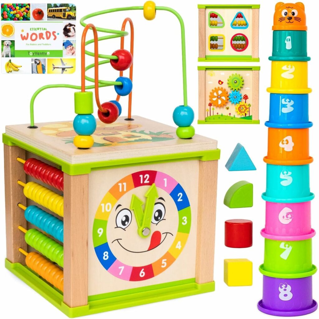 TOYVENTIVE wooden activity cube with bead maze, stacking cups and board book for 1-year-old toddlers