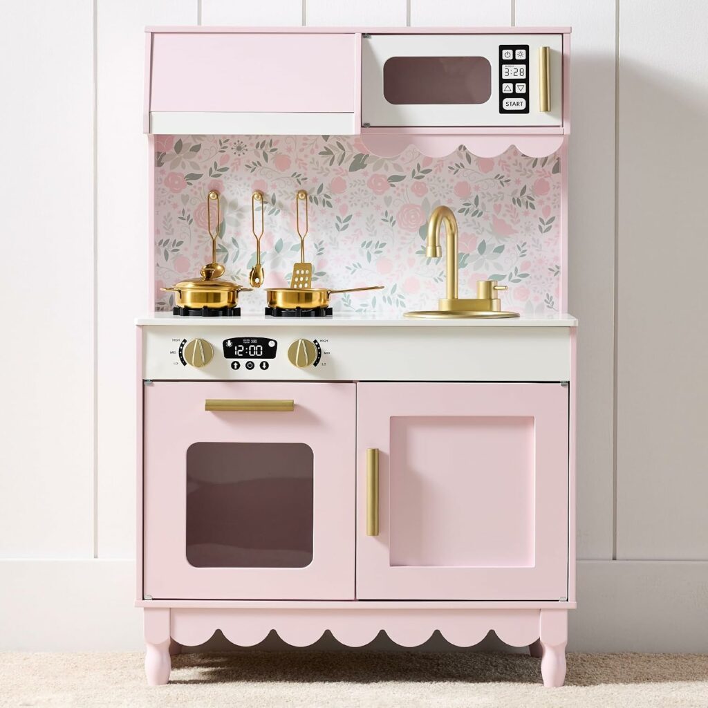 Best Choice Products cottage wooden play kitchen with scalloped edges, microwave, oven, and storage shelves