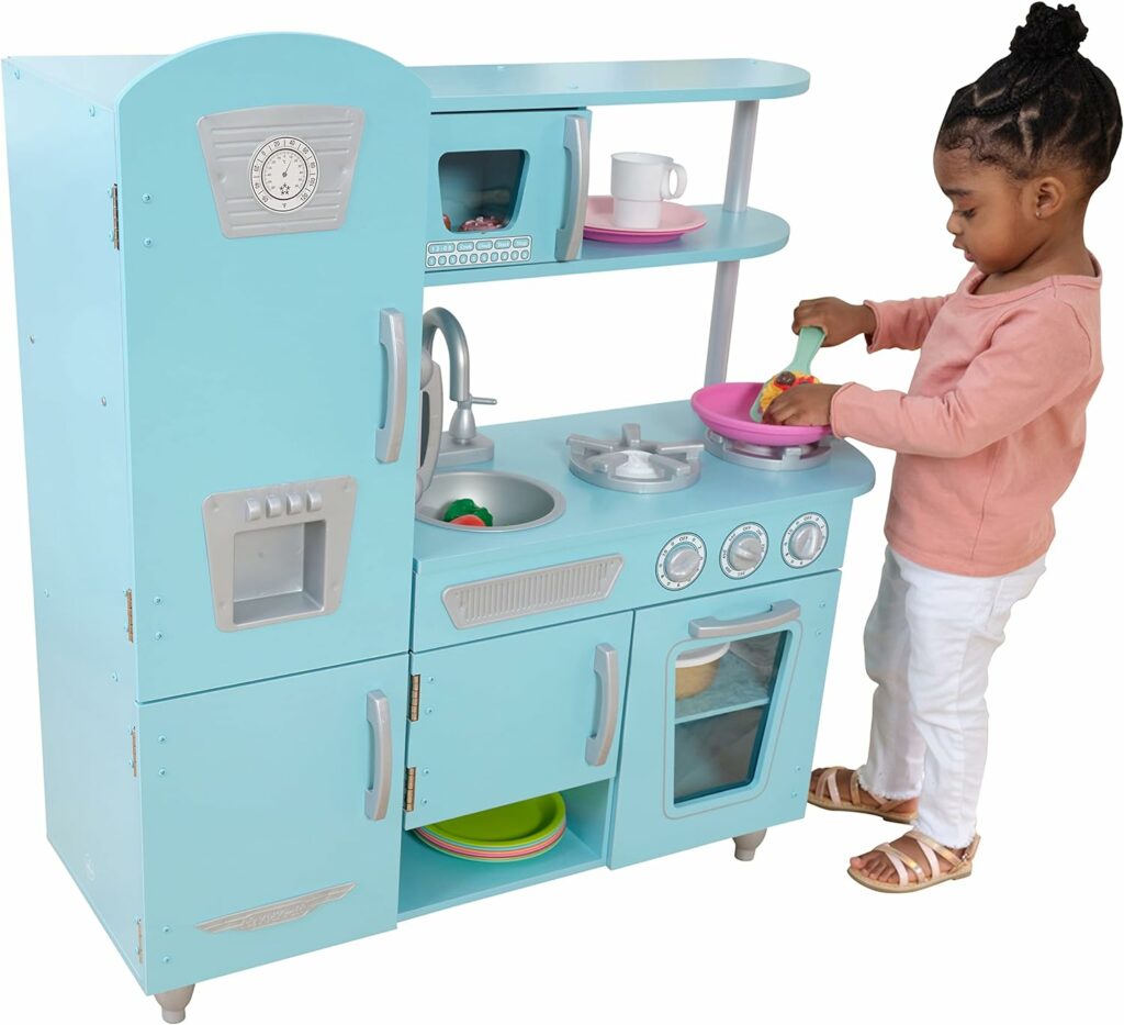 KidKraft Vintage blue wooden play kitchen with retro design, pretend ice maker, play phone, and opening appliances