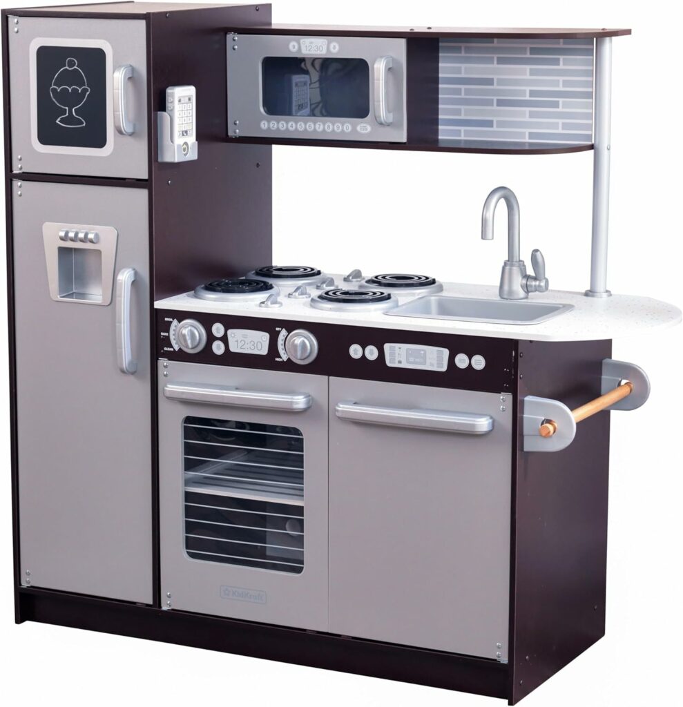KidKraft Vintage wooden play kitchen with chalkboard, oven, and storage shelves