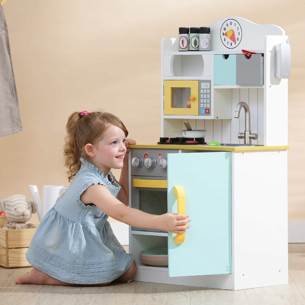 Teamson Kids Little Chef Florence wooden play kitchen with opening appliances, removable sink, toy phone, and storage shelves