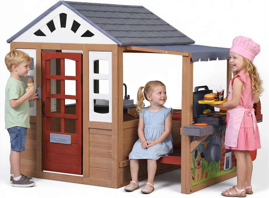 Sunnyfree wooden outdoor playhouse with BBQ grill, whiteboard, mail receiver, and play accessories for kids ages 3–8